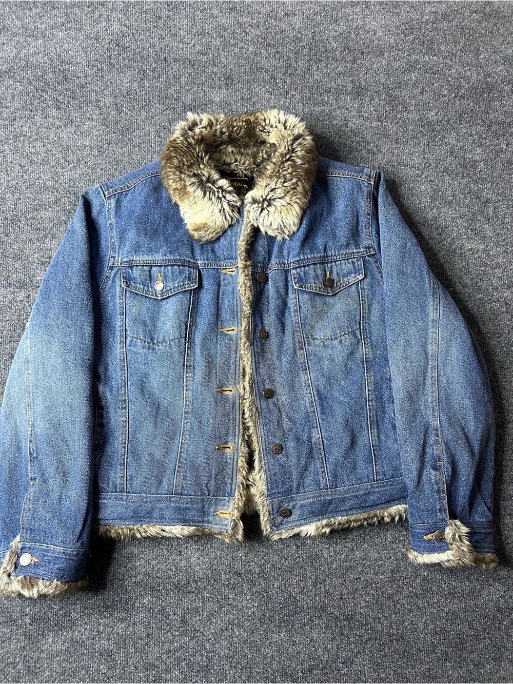 Men's Fabio Blue Denim Jacket with Faux Fur Collar Size XL